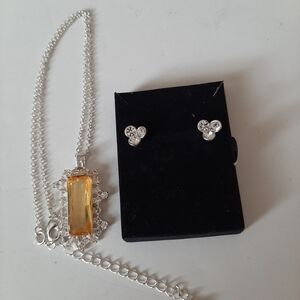 Elegant Silver Necklace with Amber Pendant And Crystal Earrings Set